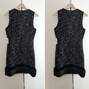 Calvin Klein black & white tweed knit sleevless dress with a faux fur hem